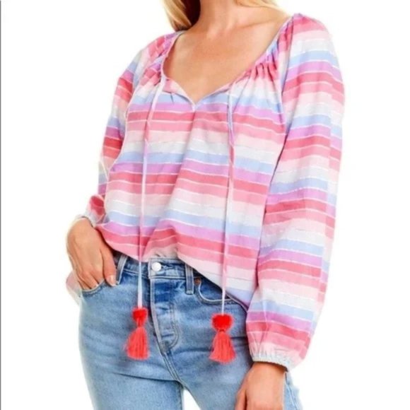 J. Crew Metallic Pastel Striped Rainbow Peasant Top S - Picture 1 of 16